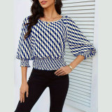 Spring Women's Lantern Sleeve Top & Slim Waist Contrast Print Long Sleeve T-Shirt