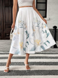 Button-Decorated Holiday Casual Floral Print A-Line Skirt