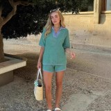 Summer Women's Loose Knit Turndown Collar Top & High-Waist Shorts