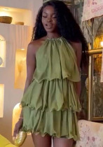 African Chic Sweet Halter Neck Sexy Sleeveless Solid Color Ruffled Mini Dress