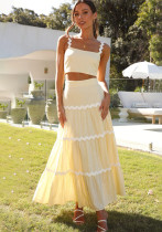 Summer Women's Two-Color Patchwork Strap Top Long Skirt Two-Piece Set Summer Women's Two-Color Patchwork Strap Top Long Skirt Two-Piece Set