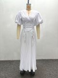 African Women's V-Neck Puff Sleeve Lace-Up Slim Waist Solid Color Trendy Pleated Maxi Dress