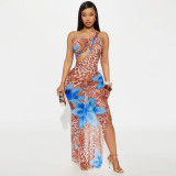 Slash Shoulder Hollow Sheer Mesh Print Dress for Women