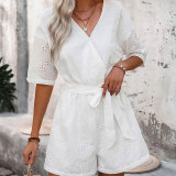 Women's Hollow Embroidery Belt Waist Solid Color Casual Jumpsuit