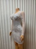 Round Neck Sexy Sheer Beaded Diamond Patchwork Feather Long Sleeve Dress for Women