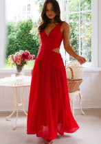 V-Neck Sleeveless Solid Color Patchwork Maxi Dress