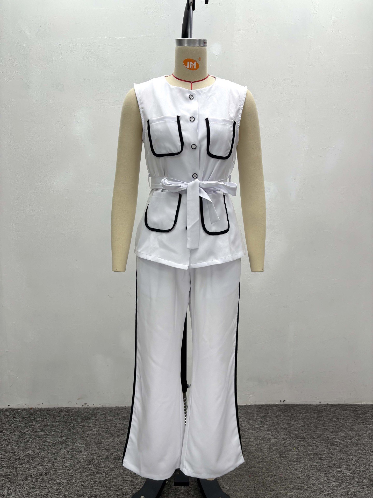 Contrast Color Pocket Chic Elegant Belt Vest & Pants African Women's Two-Piece Set