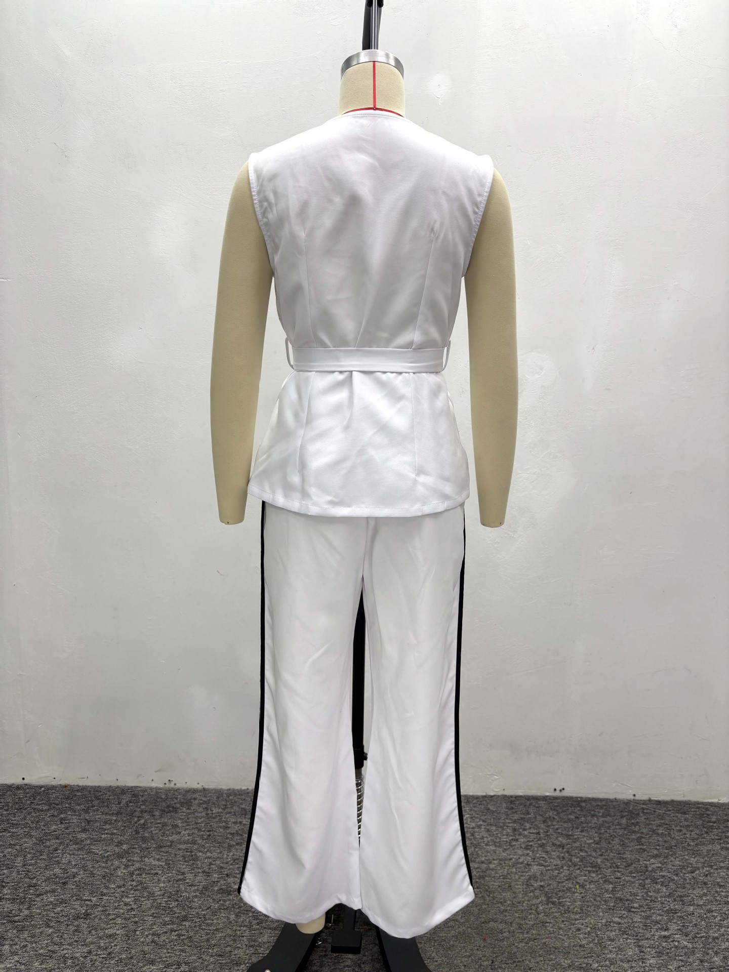 Contrast Color Pocket Chic Elegant Belt Vest & Pants African Women's Two-Piece Set