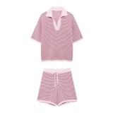 Summer Women's Loose Knit Turndown Collar Top & High-Waist Shorts
