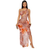 Slash Shoulder Hollow Sheer Mesh Print Dress for Women