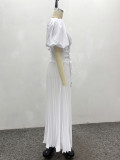 African Women's V-Neck Puff Sleeve Lace-Up Slim Waist Solid Color Trendy Pleated Maxi Dress