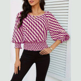 Spring Women's Lantern Sleeve Top & Slim Waist Contrast Print Long Sleeve T-Shirt