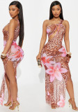 Slash Shoulder Hollow Sheer Mesh Print Dress for Women