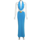 Summer Solid Color Chic Fashion Deep V Halter Neck Low-Back Slim Dress