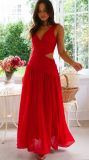 V-Neck Sleeveless Solid Color Patchwork Maxi Dress