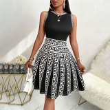 Women elegant knitting contrast print Round Neck sleeveless dress