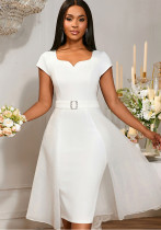 Women Square Neck Patchwork Mesh Party Dress Women Square Neck Patchwork Mesh Party Dress