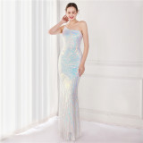 Summer Elegant Black One Shoulder Sleeveless Sequ Mermaid Evening Dress