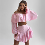 Women summer solid top and pleated skirt two-piece set