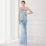 Summer Elegant Black One Shoulder Sleeveless Sequ Mermaid Evening Dress