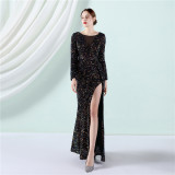 Winter Elegant Gray Sequ Mesh Patch Long Sleeve Slit Mermaid Formal Cocktail Evening Dress
