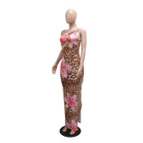 Slash Shoulder Hollow Sheer Mesh Print Dress for Women