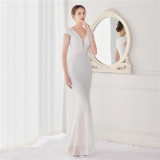 Summer Elegant v Neck Tassels Short Sleeve Sequ Stripe Mermaid Evening Dress