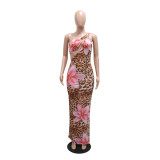 Slash Shoulder Hollow Sheer Mesh Print Dress for Women