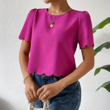 Women solid shell edge crop top round neck short-sleeved shirt t-shirt
