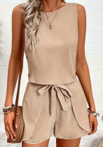 Women Solid button lotus leaf Lace-Up bow sleeveless top and shorts two-piece set