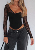 Women Lace Long Sleeve Mesh See-Through Sexy Top