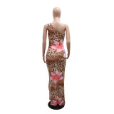 Slash Shoulder Hollow Sheer Mesh Print Dress for Women