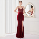 Spring Sequin Patch Dark Blue v Neck Straps Slit Formal Cocktail Evening Dress