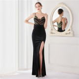 Spring Sequin Patch Dark Blue v Neck Straps Slit Formal Cocktail Evening Dress