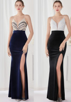 Spring Sequin Patch Dark Blue v Neck Straps Slit Formal Cocktail Evening Dress Spring Sequin Patch Dark Blue v Neck Straps Slit Formal Cocktail Evening Dress