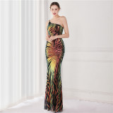 Summer Elegant Black One Shoulder Sleeveless Sequ Mermaid Evening Dress
