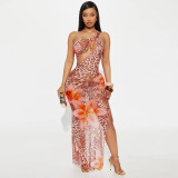 Slash Shoulder Hollow Sheer Mesh Print Dress for Women