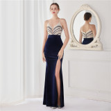 Spring Sequin Patch Dark Blue v Neck Straps Slit Formal Cocktail Evening Dress