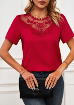 Women spring and summer short-sleeved lace patchwork round neck holidays Shirt