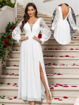 Spring Elegant V-Neck Low Back Long Sleeve Slit Women's Wedding Dress Spring Elegant V-Neck Low Back Long Sleeve Slit Women's Wedding Dress