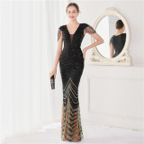 Summer Elegant v Neck Tassels Short Sleeve Sequ Stripe Mermaid Evening Dress