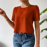 Women solid shell edge crop top round neck short-sleeved shirt t-shirt