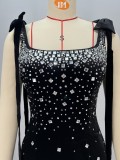 Women black suspender bow beaded beaded formal party bandage dress