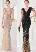 Summer Elegant v Neck Tassels Short Sleeve Sequ Stripe Mermaid Evening Dress Summer Elegant v Neck Tassels Short Sleeve Sequ Stripe Mermaid Evening Dress