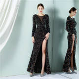 Winter Elegant Gray Sequ Mesh Patch Long Sleeve Slit Mermaid Formal Cocktail Evening Dress