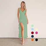 Women Spring Summer Sexy V-Neck Lotus Leaf Split Suspender Maxi Dress