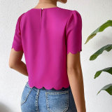 Women solid shell edge crop top round neck short-sleeved shirt t-shirt