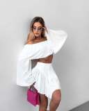 Women summer solid top and pleated skirt two-piece set