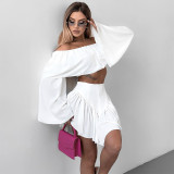 Women summer solid top and pleated skirt two-piece set