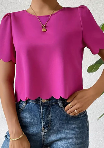 Women solid shell edge crop top round neck short-sleeved shirt t-shirt